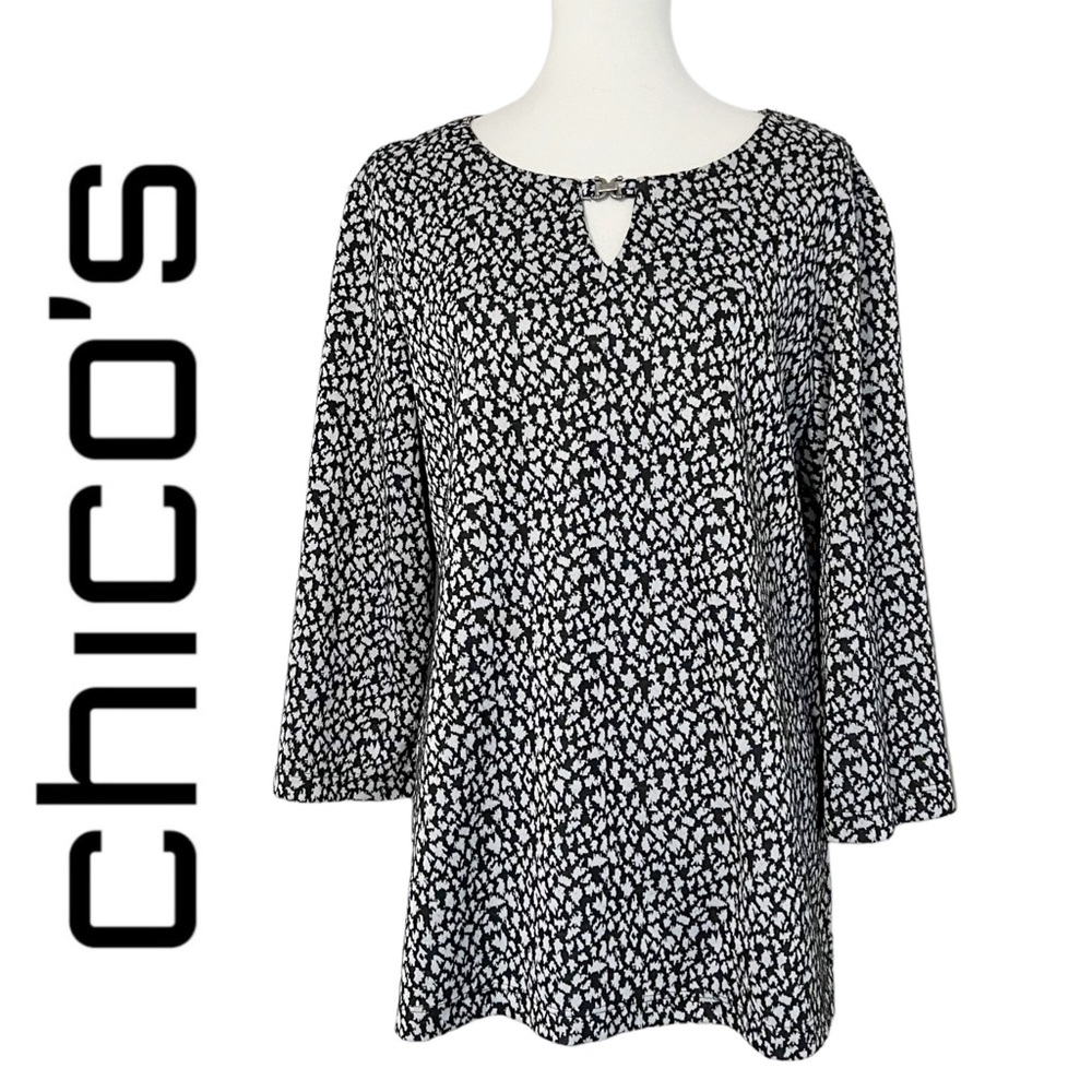 Chico's Shirt Top Blouse Keyhole Neckline Animal Print Black White 3/4 Sleeve